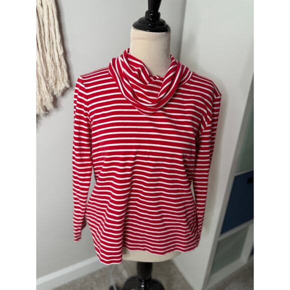 Women's Red White Stripe Cowl Neck 100% Cotton Long-sleeved Shirt Top L Holiday - Picture 1 of 7
